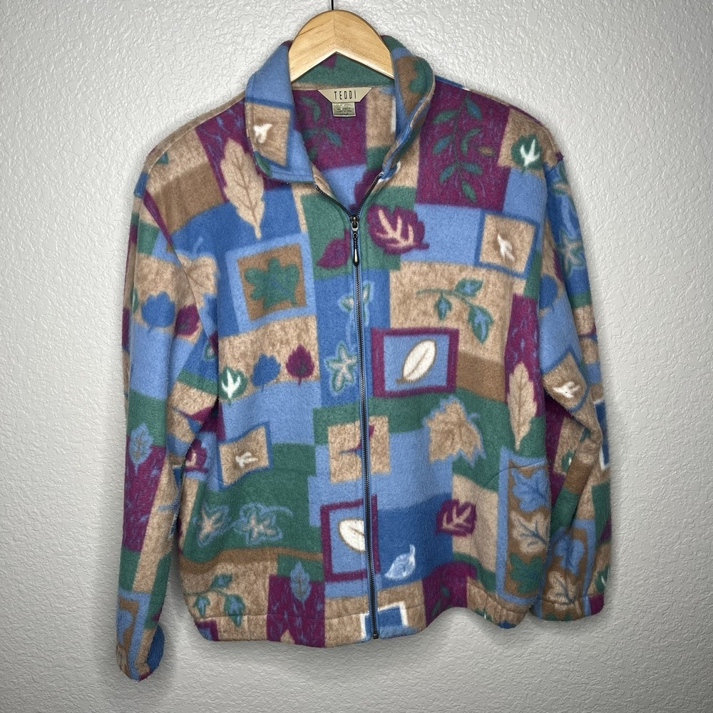 Vintage Teddi 90s Abstract Floral Leaf Print Full Zip Fleece Jacket Cottagecore